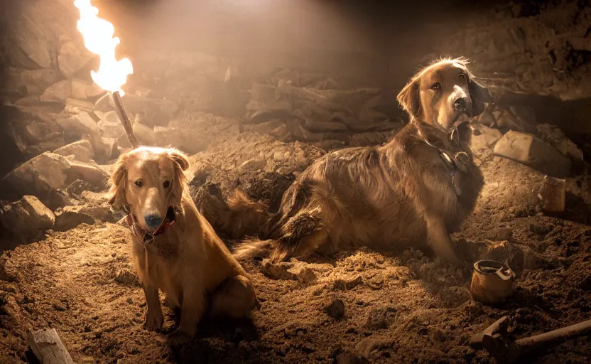 Prompt: a dirty golden retriever in a dimly lit mine, large piles of gold nuggets, wearing a black western hat and jacket, dim moody lighting, wooden supports and wall torches and pick axes, cinematic style photograph