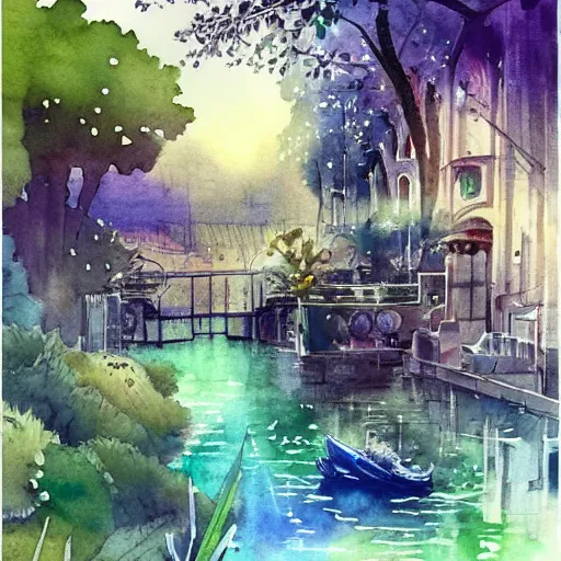 Image similar to Beautiful happy picturesque charming sci-fi town in harmony with nature. Beautiful light. Water and plants. Nice colour scheme, soft warm colour. Beautiful artistic watercolor by Lurid. (2022)