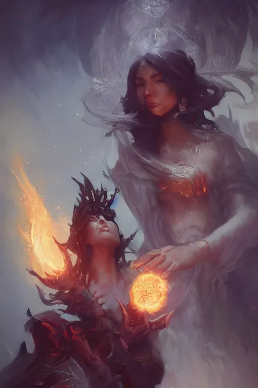 Image similar to face closeup beautiful girl necromancer casting spell, 3 d render, holding magic fire and electicity, hyper realistic detailed portrait, ruan jia, wlop, fantasy, hyper detailed, octane render, concept art, peter mohrbacher