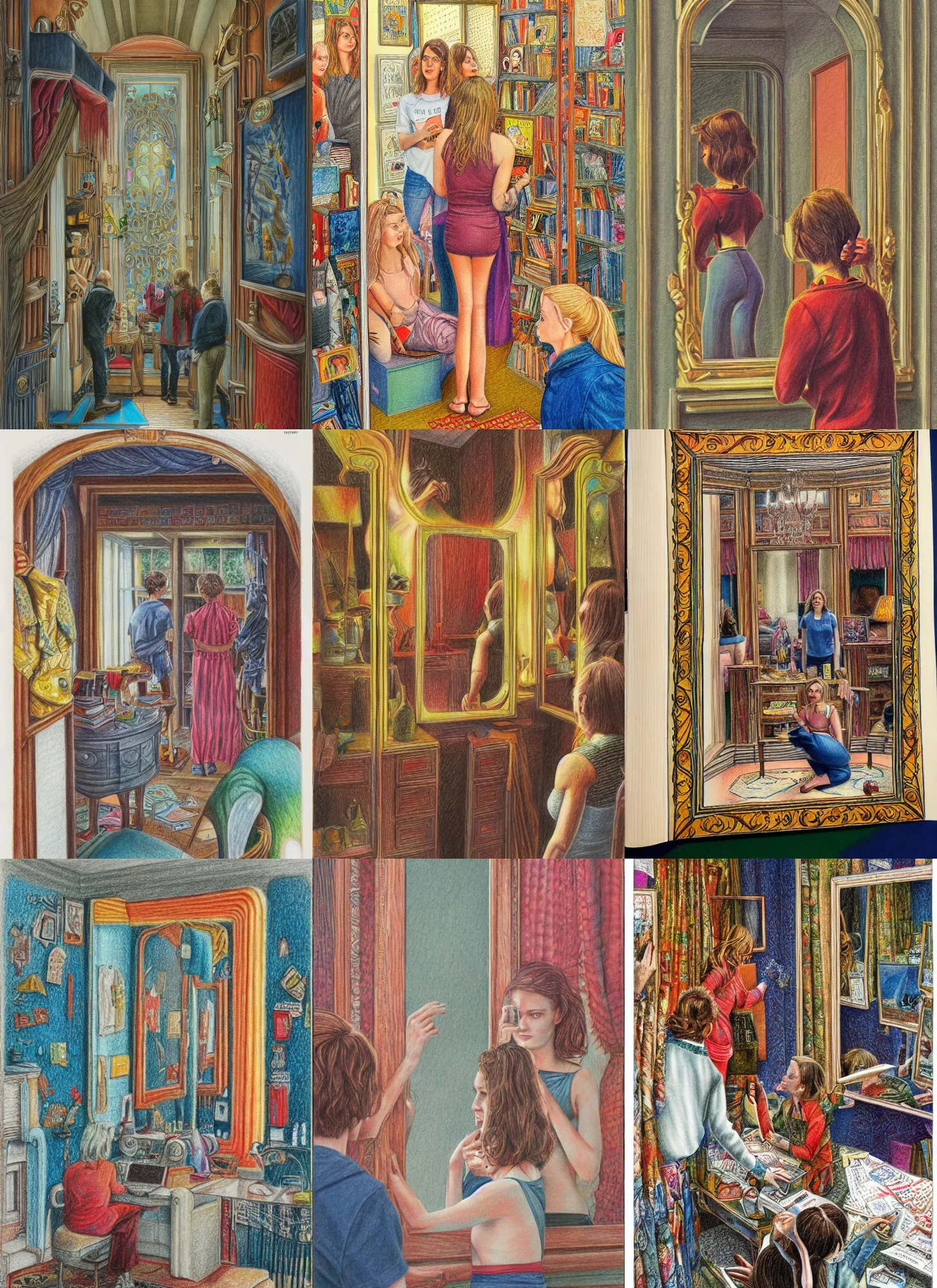 Prompt: hyperdetailed color pencil drawing of a book cover, visitors in the mirror