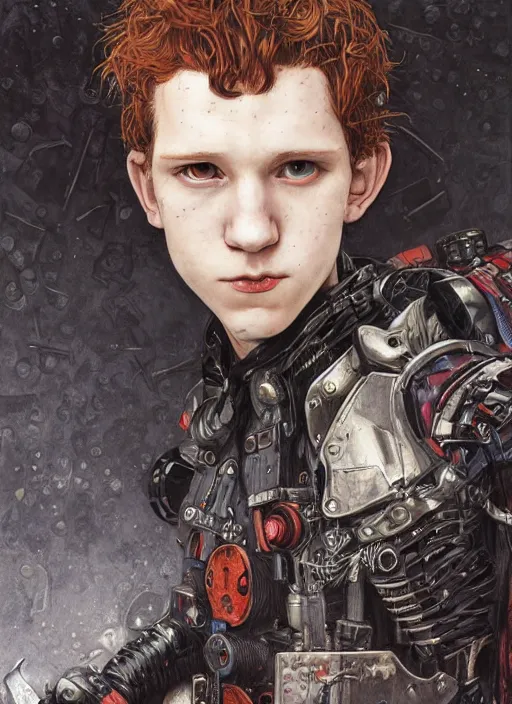 Image similar to portrait of young gothic Tom Holland, cyberpunk, Warhammer, highly detailed, artstation, illustration, art by Gustav Klimt and Range Murata and Katsuya Terada