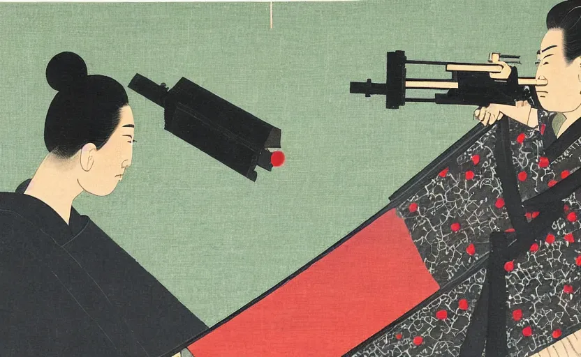 Prompt: a Japanese painting of the emperor of Japan shooting a laser gun