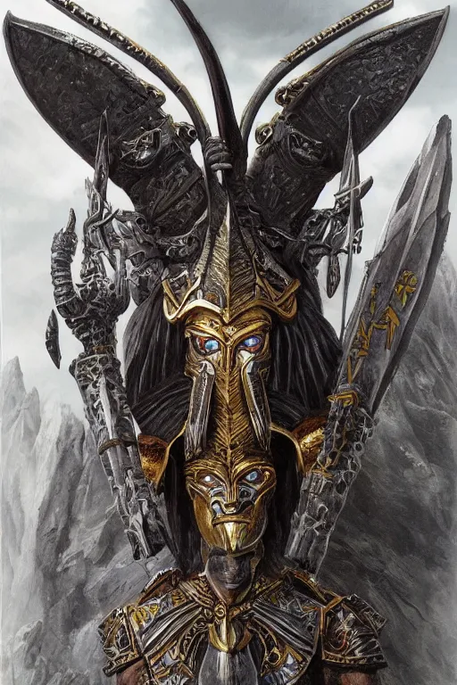 Prompt: full body concept art of Ancient Egypt warrior wear baphomet armor made with porcelain by Jeff Easley and Peter Elson + beautiful eyes, beautiful face + symmetry face + galaxy + gothic, surreal, dread + highly detailed, intricate complexity, epic composition, magical atmosphere + masterpiece, award winning + trending on artstation