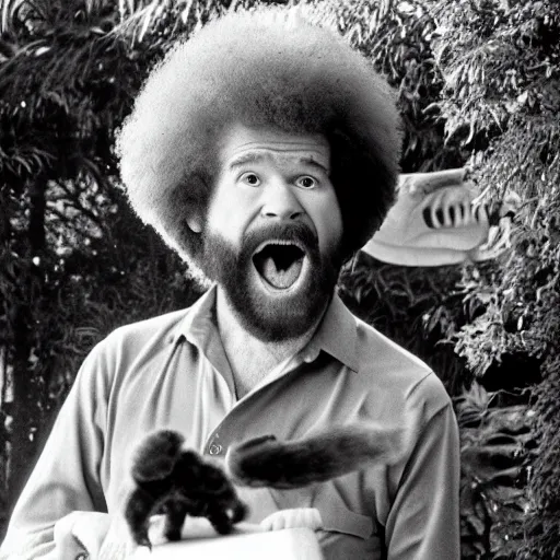 Image similar to bob ross screaming at the zoo