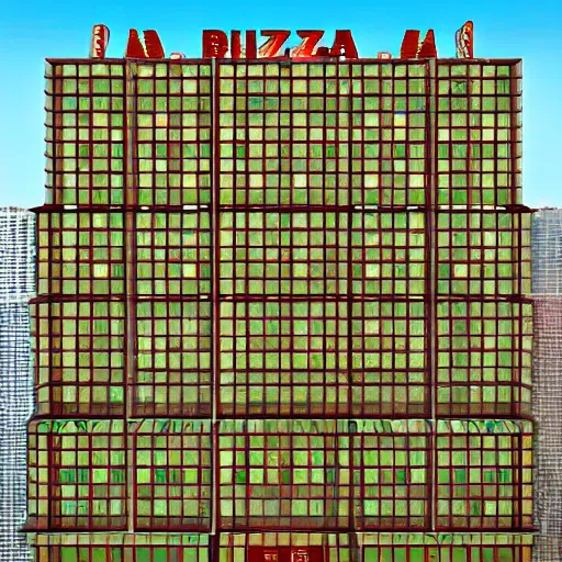 Image similar to building made out of pizza in tokyo, symmetry, hyper realistic, octance render