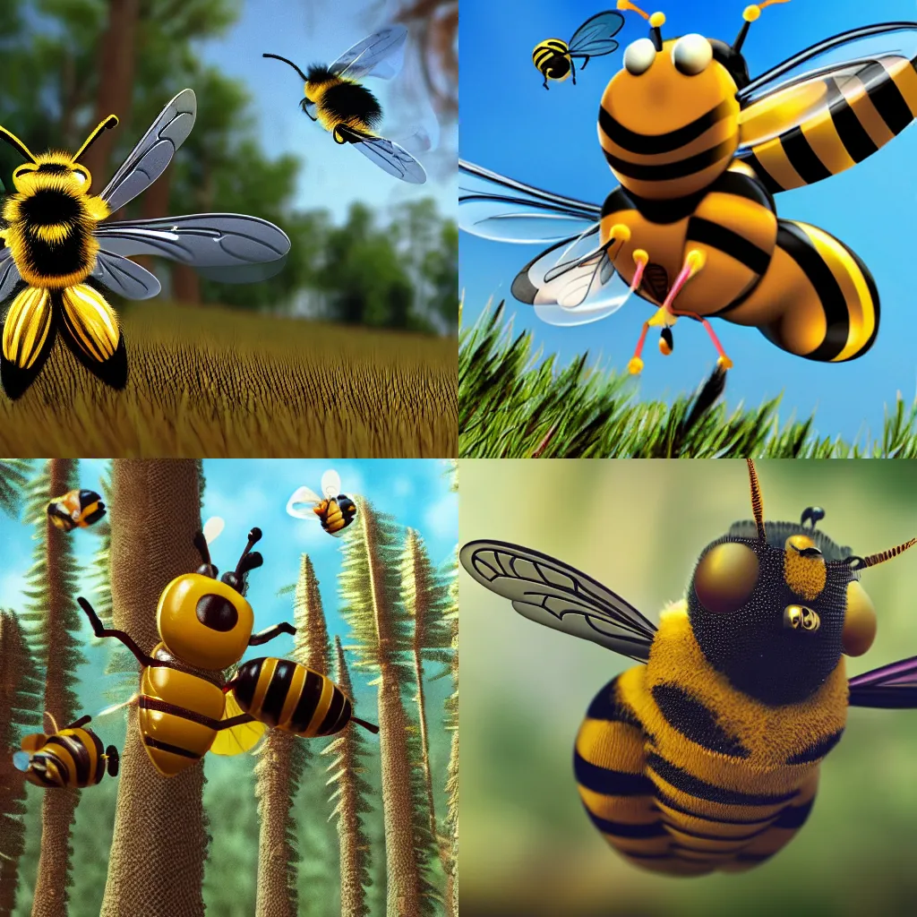 Prompt: a muscular bee wearing sunglasses, flying back to hive in a forest landscape, photo realistic, small bees following the leader