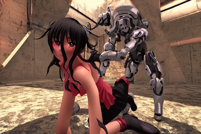 Image similar to an anime girl in a screenshot of the video game doom, the anime girl is crouching