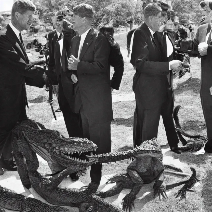 Prompt: president kennedy meeting with an argonian lizard warrior in skryim