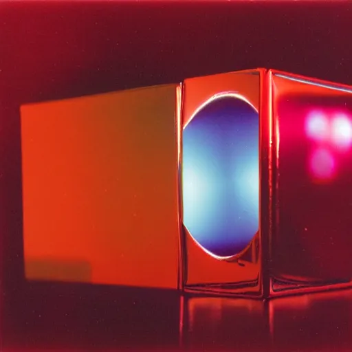 Prompt: chrome spheres on a red cube, kodak aerochrome photograph