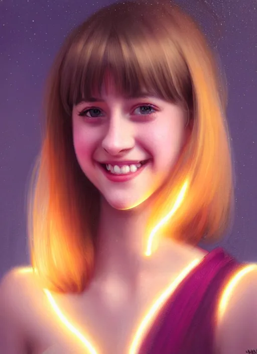 Image similar to portrait of teenage lili reinhart with bangs, smiling kindly, bangs, 1 9 6 0 s, ponytail, bangs and ponytail, intricate, elegant, glowing lights, highly detailed, digital painting, artstation, concept art, smooth, sharp focus, illustration, art by wlop, mars ravelo and greg rutkowski