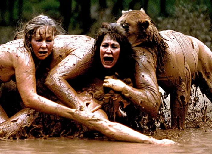 Image similar to four cavewomen mud wrestling a mountain lion, movie still photograph taken by richard kern, from the movie clan of the cave bear, 8 k, realistic