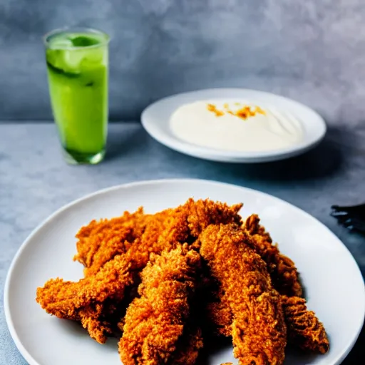 Prompt: professional photo of a massive plate of fried chicken tenders that are overloaded, piled as high as the ceiling, 4k