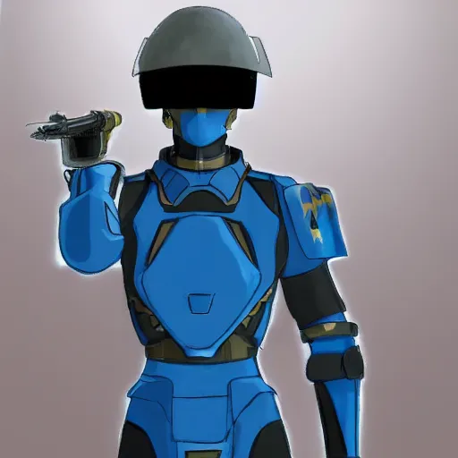 Image similar to a futuristic soldier captain with a metal visor and a blue shoulderpad in anime style