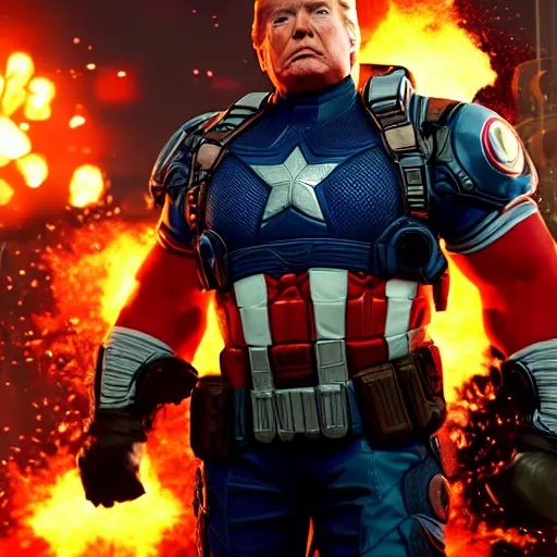 Image similar to portrait of donald trump as captain america in gears of war, splash art, movie still, cinematic lighting, dramatic, glowing, ray tracing, octane render, long lens, shallow depth of field, bokeh, anamorphic lens flare, 8 k, hyper detailed, 3 5 mm film grain