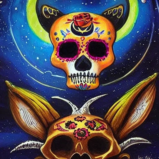 Prompt: a dia de los muertos themed fox skull character, themed on the stars and moon, painting by jeff easley