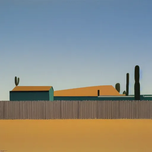 Image similar to motel in a desert rural landscape, painted by Alex Katz and Edward Hopper, airbrush, highly detailed