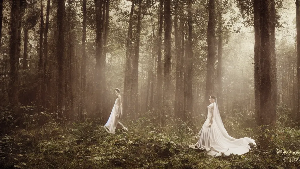 Prompt: surreal atmospheric vogue wedding photography in a forest by paolo roversi, realistic