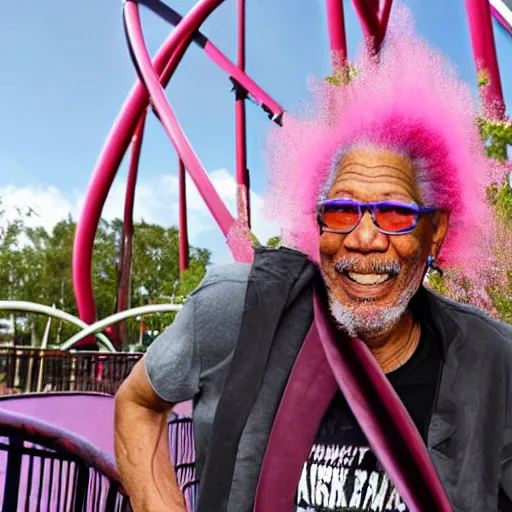 Image similar to morgan freeman with a pink mohawk and a nose ring riding a rollercoaster