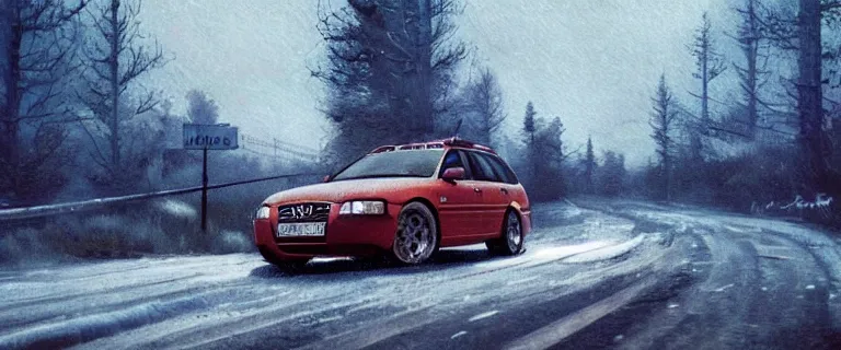 Image similar to Audi A4 B6 Avant (2002), a gritty neo-noir, dramatic bright lighting, cinematic, establishing shot, extremely high detail, photorealistic, cinematic lighting, artstation, by simon stalenhag, Snowy italian road, Snowy Apennines, At night, Poets of the Fall - Late Goodbye