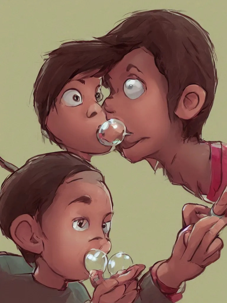 Prompt: close up! kid blowing bubble gum, disney concept artists, blunt borders, rule of thirds