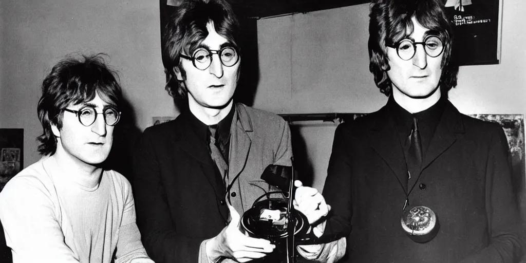 Prompt: John Lennon & Tesla working together ufo technology, black & white photograph