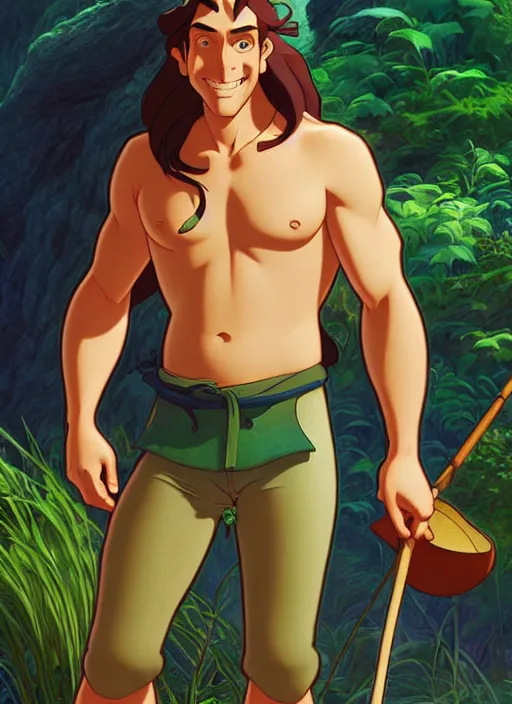 Image similar to cute fisherman tarzan, natural lighting, path traced, highly detailed, high quality, digital painting, by don bluth and ross tran and studio ghibli and alphonse mucha, artgerm