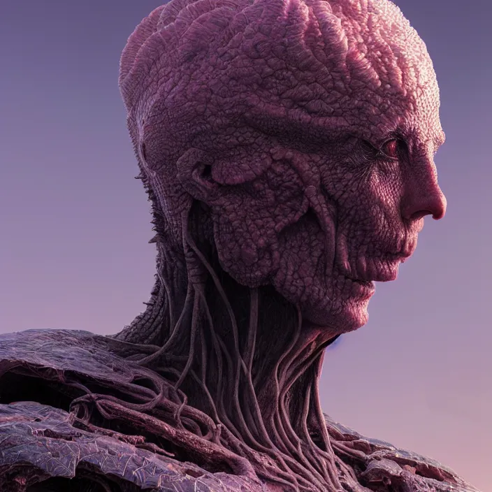 Image similar to a vertical portrait of a character in a scenic environment by wayne barlowe, dreamy hazy, biological armor, highly detailed, 3 d render, vray, octane, realistic lighting