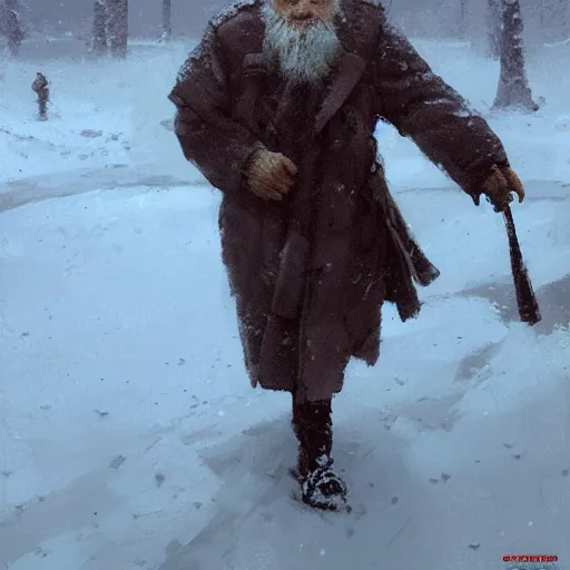 Image similar to Old Russian man in the snow, artwork by Craig Mullins,Movie poster, detailed, trending on artstation