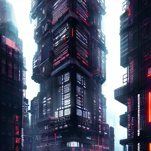 Image similar to Fully dark cyberpunk city with one building in the middle with only one window shining in style of Tsutomu Nihei. ArtStation, Cyberpunk, Vertical Symmetry, 8K, Highly Detailed, Intricate, Album Art.