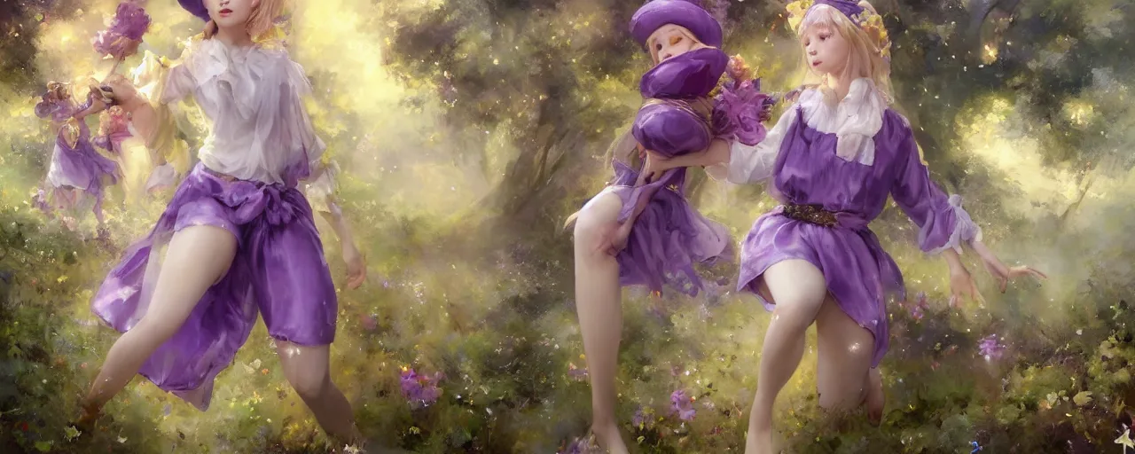 Prompt: Full View of a mysterious fairy maidens with short blond hair wearing an oversized purple Beret, Baggy Purple overall shorts, Short Puffy pants made of silk, silk shoes, a big billowy scarf, Golden Ribbons, white leggings Covered in stars. Short Hair. peasant magic. masterpiece 4k digital illustration by Ruan Jia and Mandy Jurgens and Artgerm and greg rutkowski , award winning, Artstation, art nouveau aesthetic, Alphonse Mucha background, intricate details, realistic, panoramic view, Hyperdetailed, 8k resolution, intricate art nouveau, smooth, sharp focus