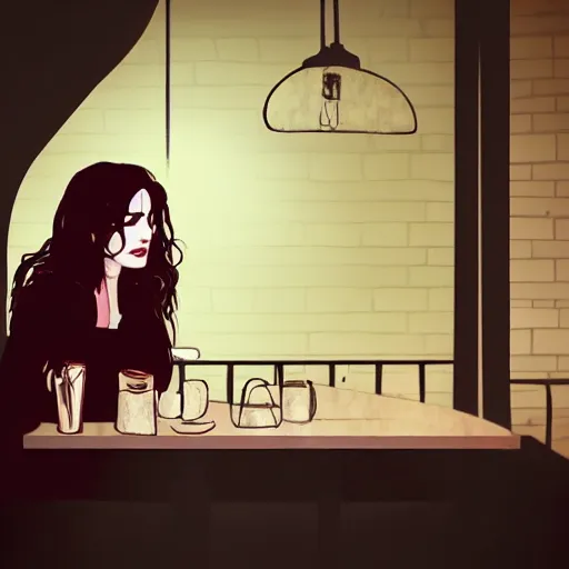 Image similar to death from the'the sandman'waiting for a friend at a cafe, realistic, soft lighting, cute, kindness