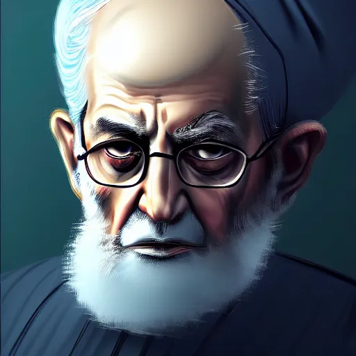 Image similar to potrait of khamenei looking like demon, miserable, horror, dark high detail, sharp high detail, artstation, felix englund, dark atmosphere, artstation