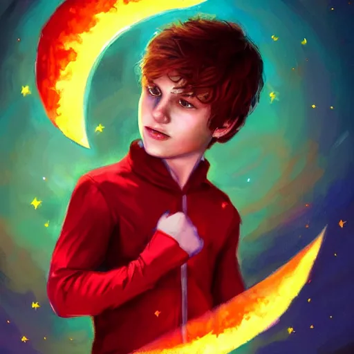 Image similar to colorful and festive captivating young child boy, brown fluffy hair, wearing red and yellow hero suit, shooting a crescent moon out of his fist. full body, rich vivid colors, ambient lighting, dynamic lighting, 4 k, atmospheric lighting, painted, intricate, highly detailed by charlie bowater