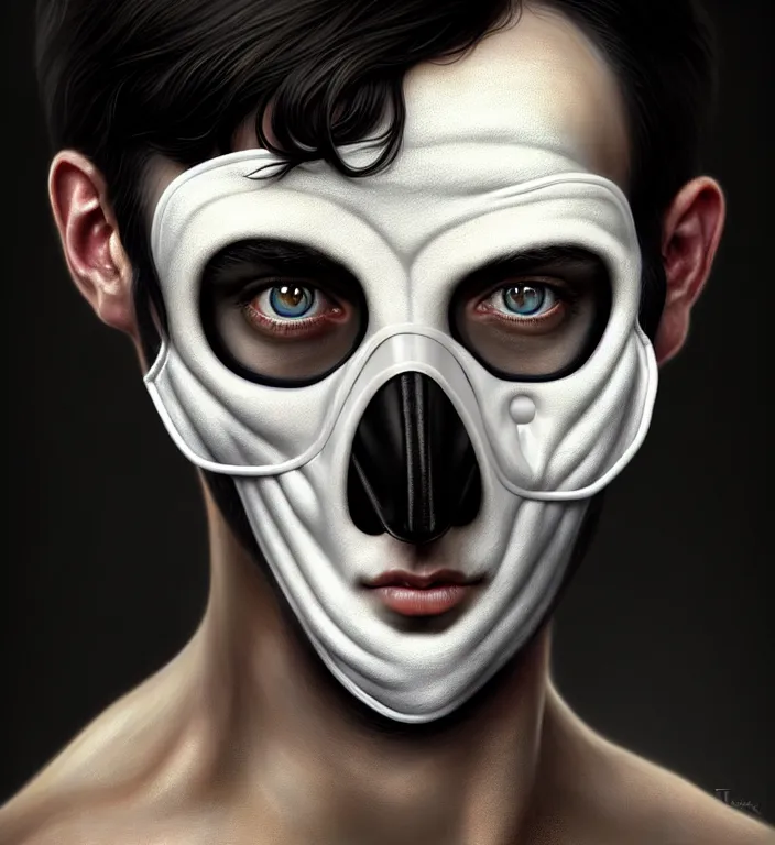 Image similar to white man with black fabric medical mask, short dark hair, highly detailed face!!!, true anatomy!, extremely detailed!, digital painting, unreal engine 5, art by tom bagshaw