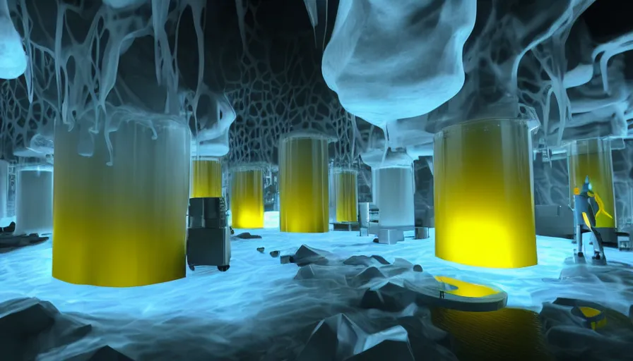 Image similar to liquid nitrogen with yellow water-cooling coolant flowing through latent representations of dark ice caverns undergoing centrifugal forces, illuminated by computer circuitry sticking out the walls, high detail, high contrast, low-poly elements, 90s low poly render, 4k upscaling