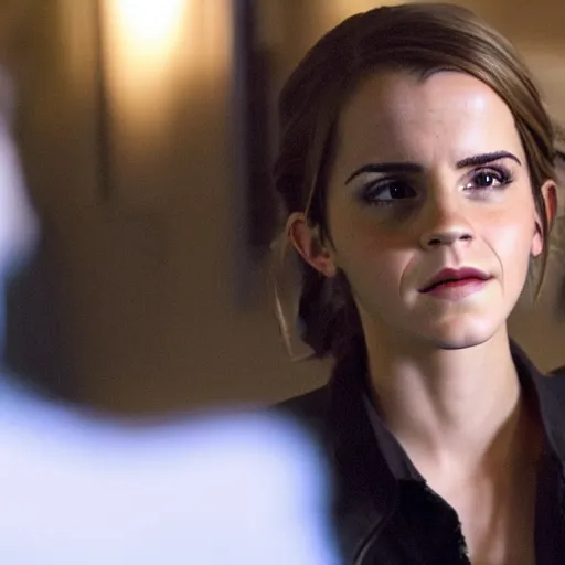 Prompt: still of emma watson talking to dean in supernatural, 4 k