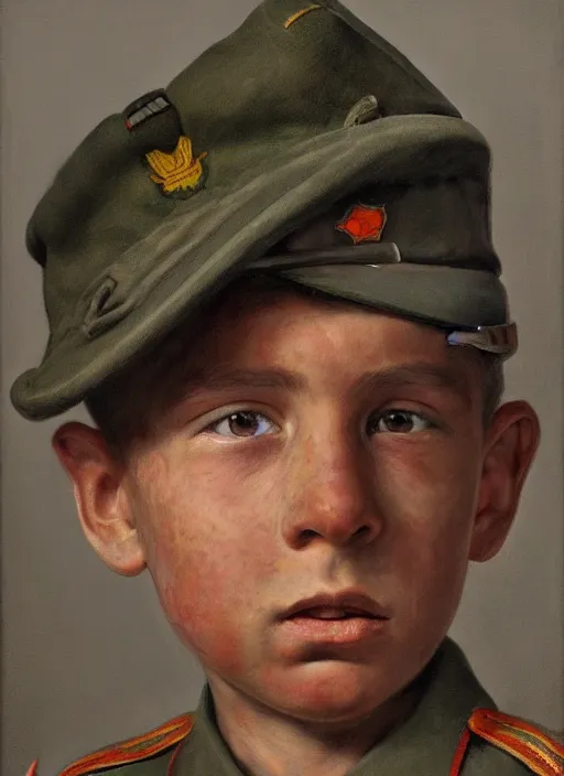 Prompt: portrait of a boy soldier. art by denys tsiperko and manuel sanjulian. detailed, hyperrealism, 8 k resolution