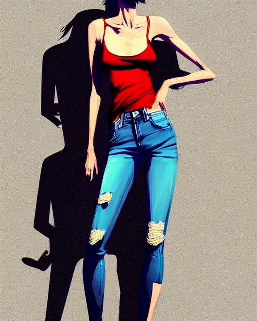 Image similar to a ultradetailed beautiful full body painting of a stylish woman with short hair, she is wearing a black tank top and jeans, by conrad roset, greg rutkowski and makoto shinkai trending on artstation