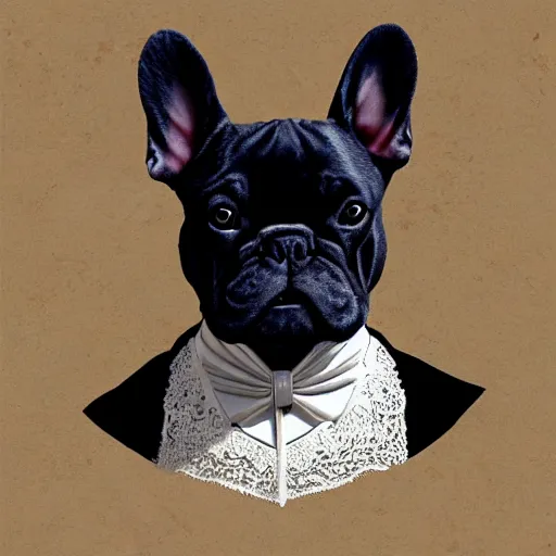 Image similar to proud black french bulldog, renaissance, wearing victorian lacey clothing, highly detailed, digital painting, artstation, sharp focus, illustration - - ar 6 : 1 8