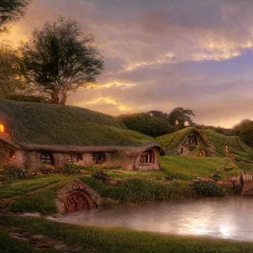 Image similar to Hobbiton by the river at the countryside in the evening, highly detailed matte painting, Alan Lee, Artstation,