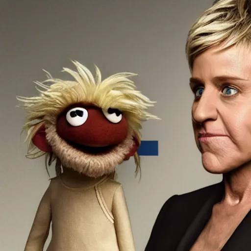 Image similar to portrait of ellen degeneres as a muppet, amazing artwork, natural light, elegant, photorealistic felt texture, intricate, detailed, atmospheric lighting, anamorphic lens flare, cinematic lighting, hd wallpaper, ultra high details by greg rutkowski