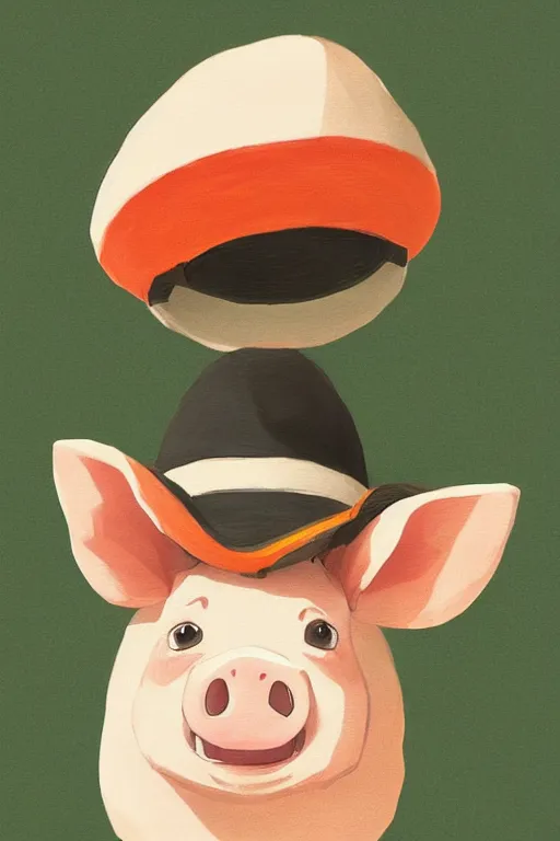 Image similar to adorable anime pig wearing a cute hat, young, clear clean face, Ilya kushinov, by Makoto Shinkai, Studio Ghibli, Miyazaki, Kyoto Animation, digital 2D, painterly style, gouache illustration, high contrast, cute, kawaii, chibi, golden ratio, rule of thirds