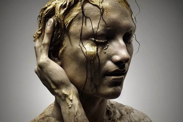 Prompt: a sculpture of a person with flowing golden tears, a marble sculpture by nicola samori, behance, neo - expressionism, marble sculpture, apocalypse art, made of mist