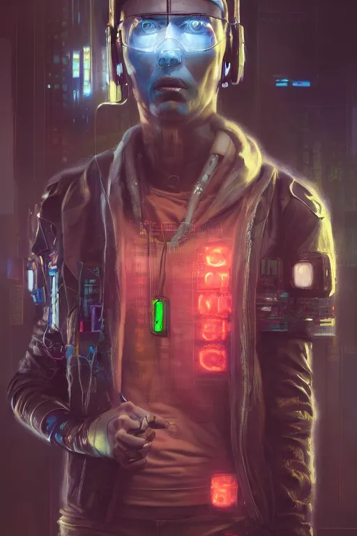 Image similar to illustration of an male cyberpunk character wearing bionic implants, criminal mugshot, highly detailed, oil on canvas, soft lighting, neon pastel colors, by WLOP and Greg Staples, HD, 4K