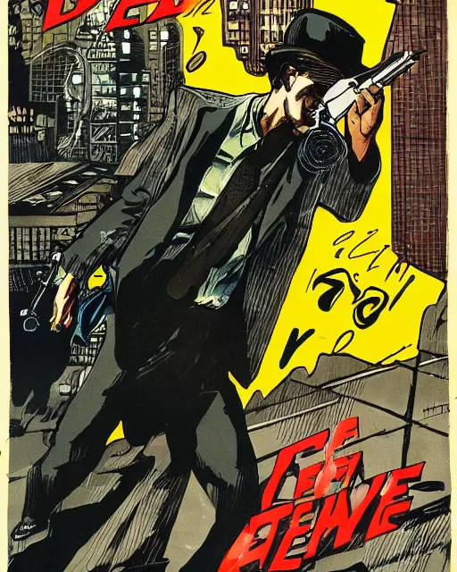 Prompt: detective with revolver, wearing trenchcoat, 1 9 7 0 s nyc, rainy, artwork by frank miller