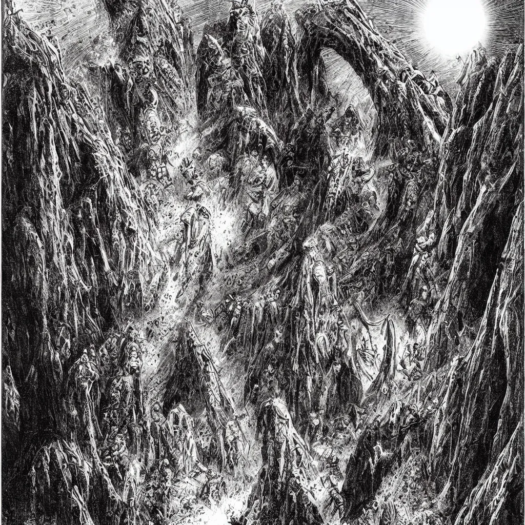 Image similar to hells gates by philippe druillet and gustave dore and much a and moebius and hieronymus bosch