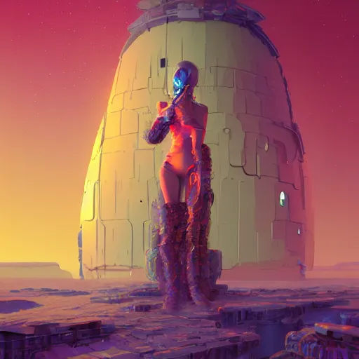 Image similar to a fantastic hyperdetailed 3 d matte painting of a female - cybernetic sorceress under the arctic moonlight, by moebius by beeple by vanessa lemen by paul lehr by dan mumford