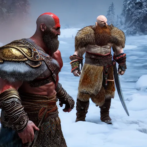 Image similar to highly detailed concept art golden god of war kratos beard strong viking old golden armor in snow walking 8 k, unreal engine 5