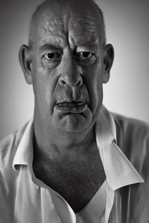 Prompt: studio portrait of man that looks excactly like homer simpson, lookalike, as if homer simpson came to life, soft light, black background, fine details, close - up, award winning photo by eric lafforgue
