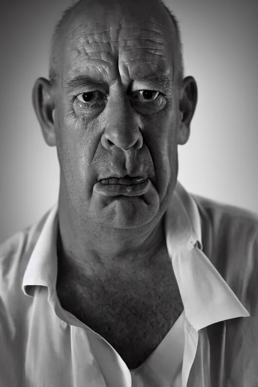 Image similar to studio portrait of man that looks excactly like homer simpson, lookalike, as if homer simpson came to life, soft light, black background, fine details, close - up, award winning photo by eric lafforgue